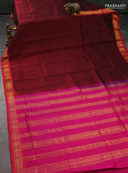 Silk cotton saree deep maroon and pink with plain body and zari woven border