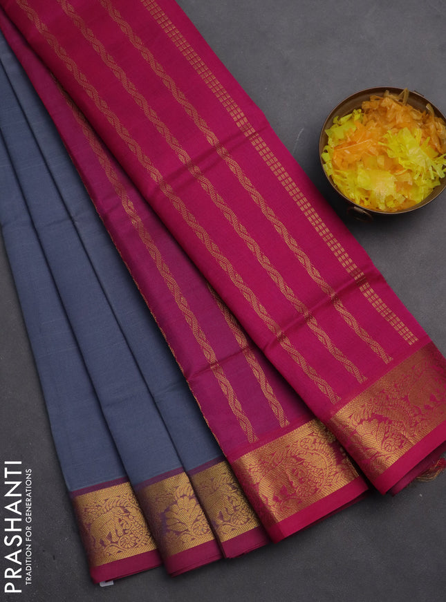 Silk cotton saree grey and pink with plain body and zari woven border