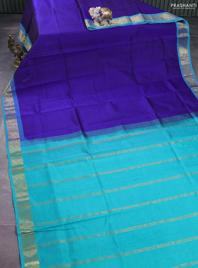 Silk cotton saree dark blue and teal blue with plain body and zari woven border