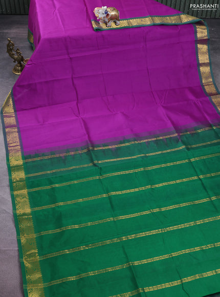 Silk cotton saree purple and green with plain body and zari woven border