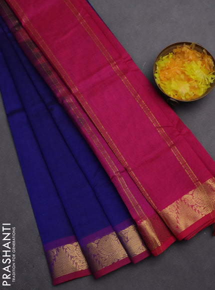 Silk cotton saree blue and pink with plain body and zari woven border