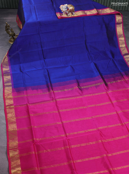 Silk cotton saree blue and pink with plain body and zari woven border