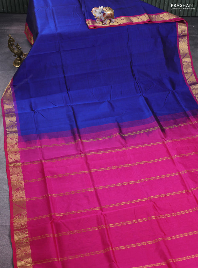 Silk cotton saree blue and pink with plain body and zari woven border