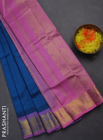 Silk cotton saree cs blue and light pink with plain body and zari woven border