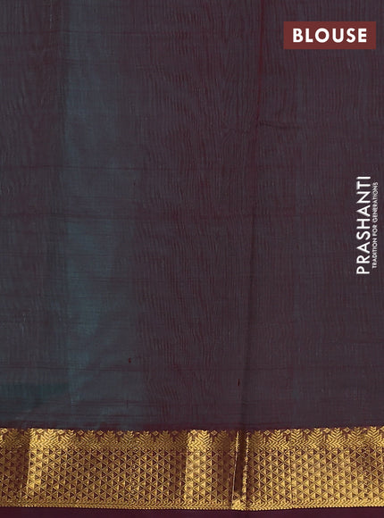Silk cotton saree teal blue and deep maroon with plain body and zari woven border