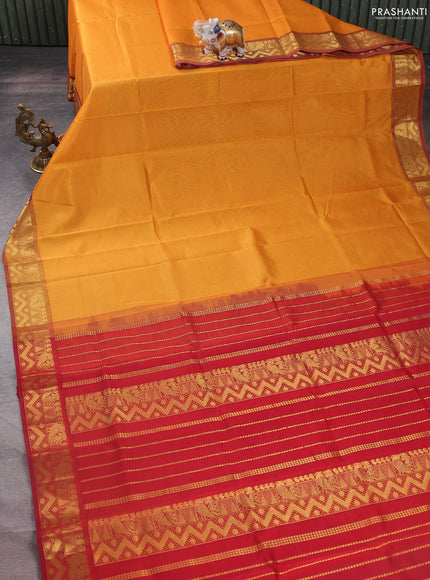 Silk cotton saree mustard yellow and maroon with plain body and zari woven border