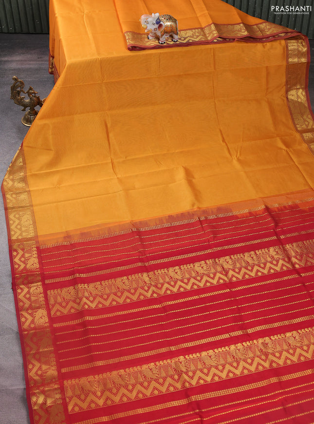 Silk cotton saree mustard yellow and maroon with plain body and zari woven border