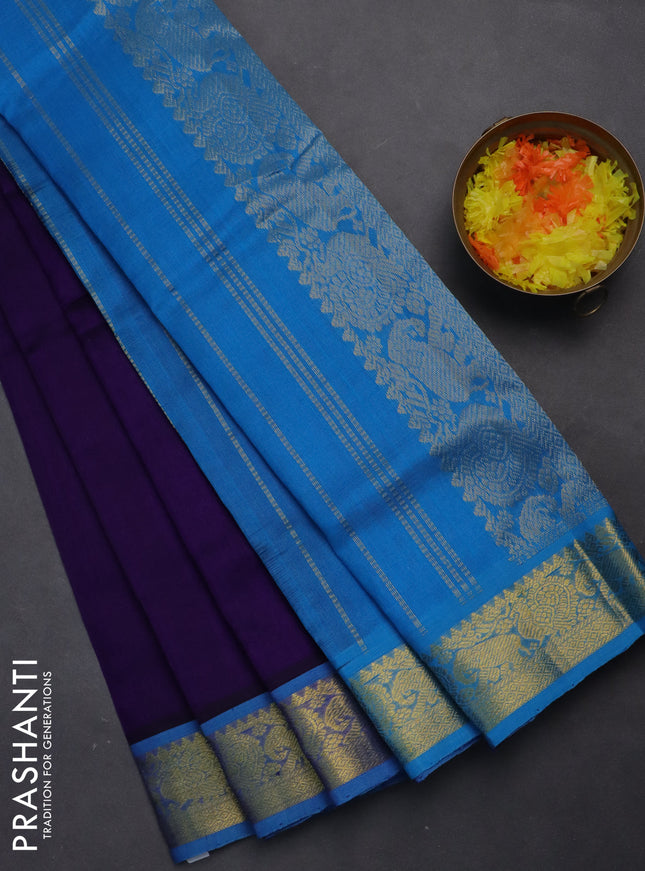 Silk cotton saree dark blue and cs blue with plain body and zari woven border