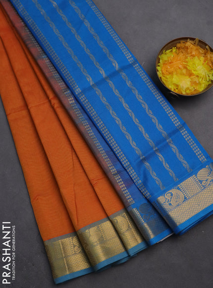 Silk cotton saree mango yellow and cs blue with plain body and zari woven border