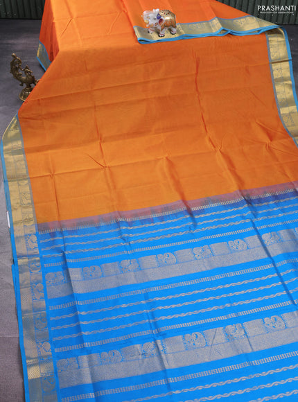 Silk cotton saree mango yellow and cs blue with plain body and zari woven border