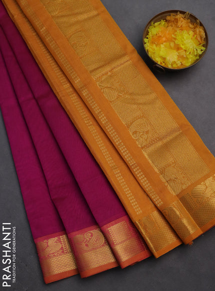Silk cotton saree magenta pink and mustard yellow with plain body and zari woven border