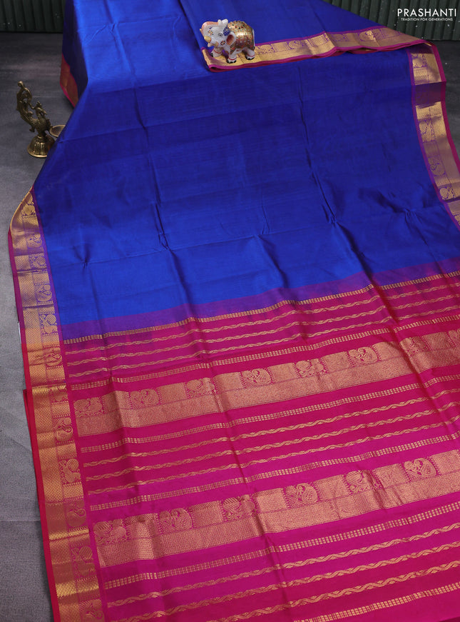 Silk cotton saree blue and pink with plain body and zari woven border