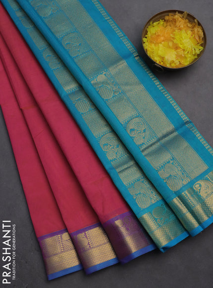 Silk cotton saree dual shade of pink and cs blue with plain body and zari woven border