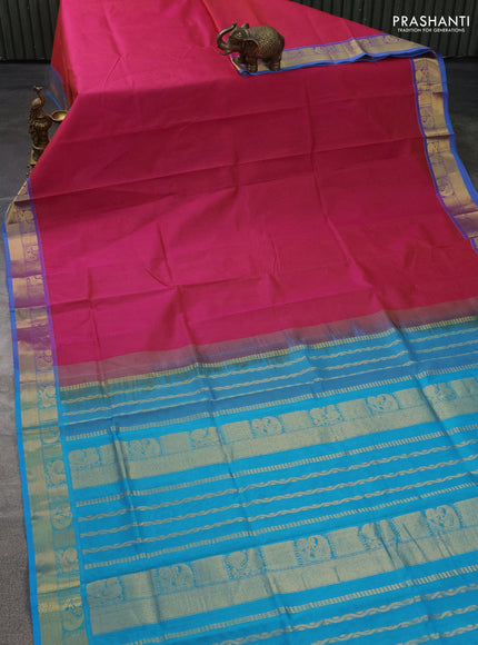 Silk cotton saree dual shade of pink and cs blue with plain body and zari woven border