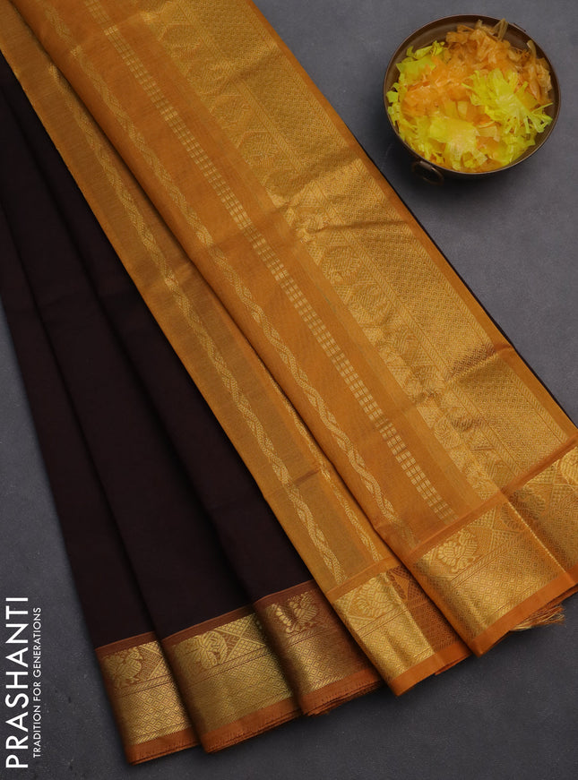 Silk cotton saree coffee brown and mustard yellow with plain body and zari woven border