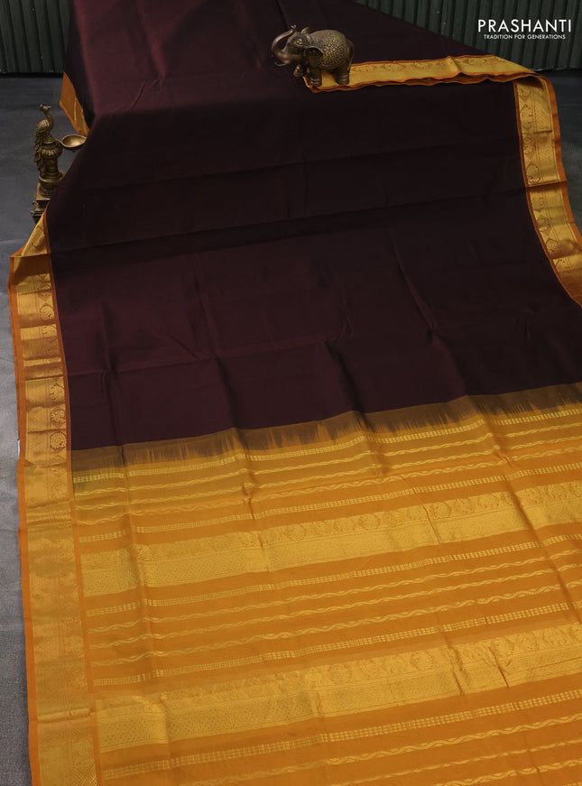 Silk cotton saree coffee brown and mustard yellow with plain body and zari woven border