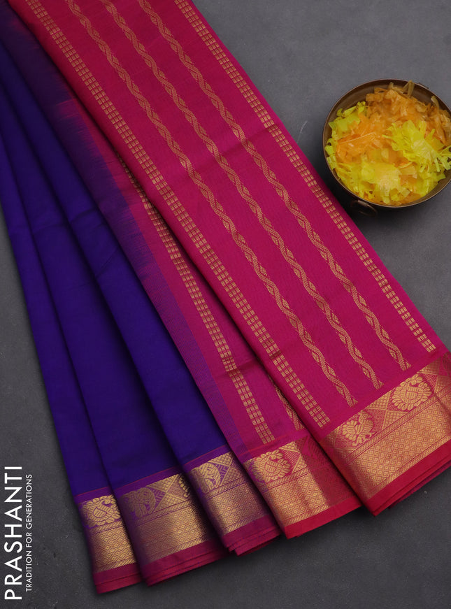 Silk cotton saree blue and pink with plain body and zari woven border