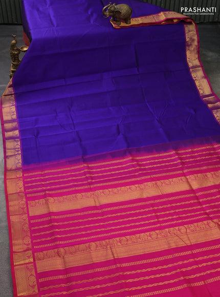 Silk cotton saree blue and pink with plain body and zari woven border