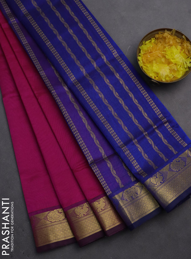 Silk cotton saree pink and blue with plain body and zari woven border