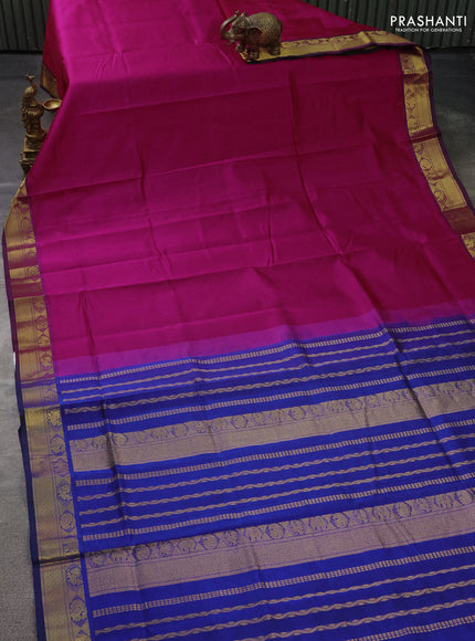 Silk cotton saree pink and blue with plain body and zari woven border