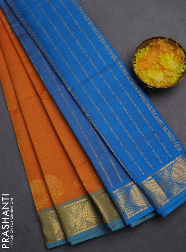 Silk cotton saree mango yellow and cs blue with plain body and zari woven border