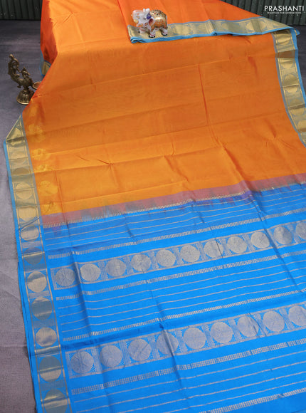 Silk cotton saree mango yellow and cs blue with plain body and zari woven border