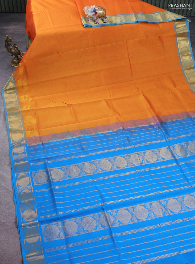 Silk cotton saree mango yellow and cs blue with plain body and zari woven border