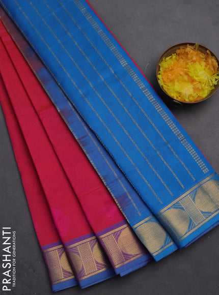 Silk cotton saree pink and cs blue with plain body and zari woven border