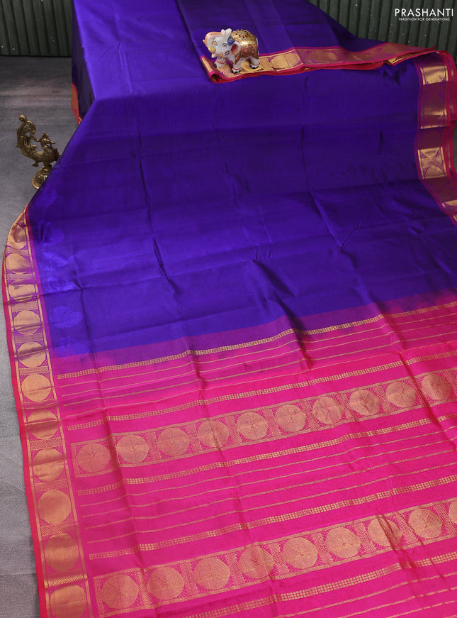 Silk cotton saree blue and pink with plain body and zari woven border