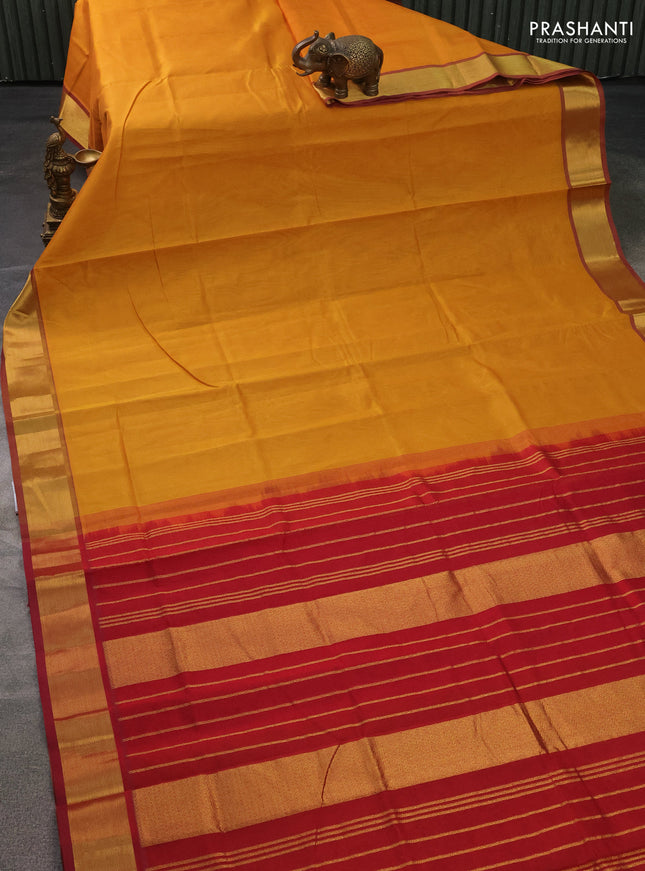 Silk cotton saree mustard yellow and red with plain body and zari woven border