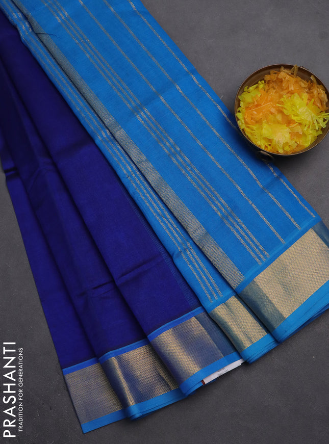 Silk cotton saree blue and cs blue with plain body and zari woven border