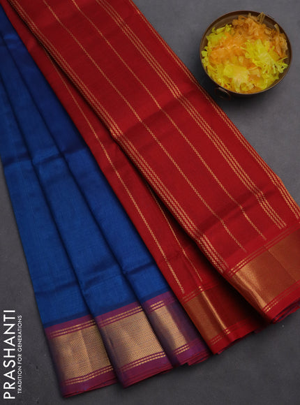 Silk cotton saree peacock blue and red with plain body and zari woven border