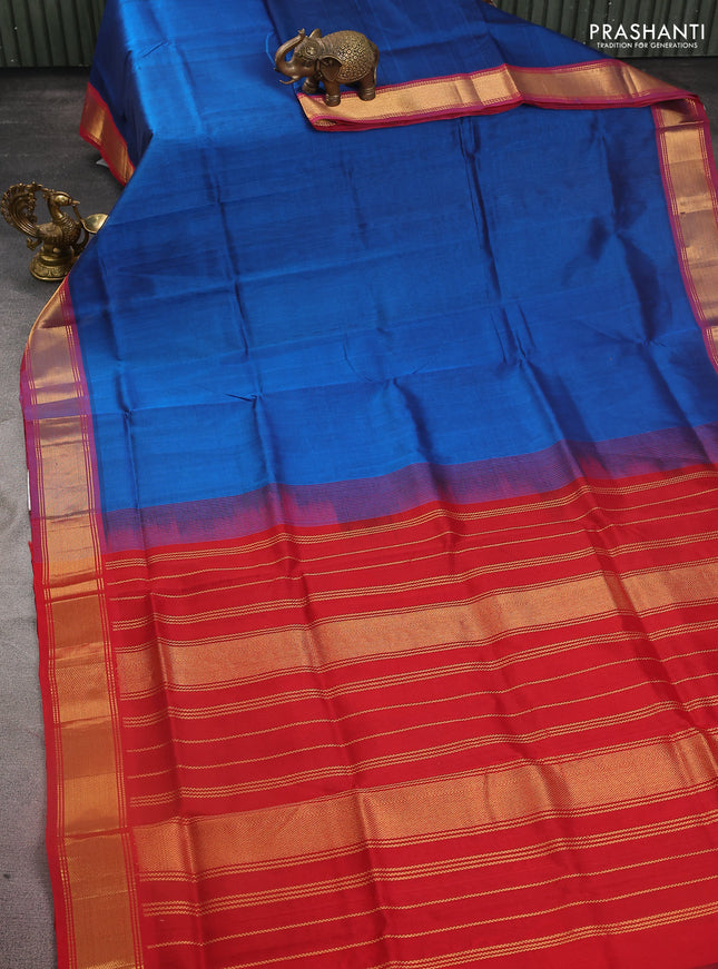 Silk cotton saree peacock blue and red with plain body and zari woven border