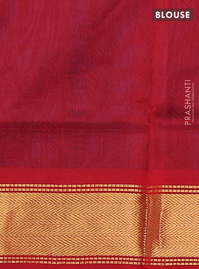 Silk cotton saree peacock blue and red with plain body and zari woven border