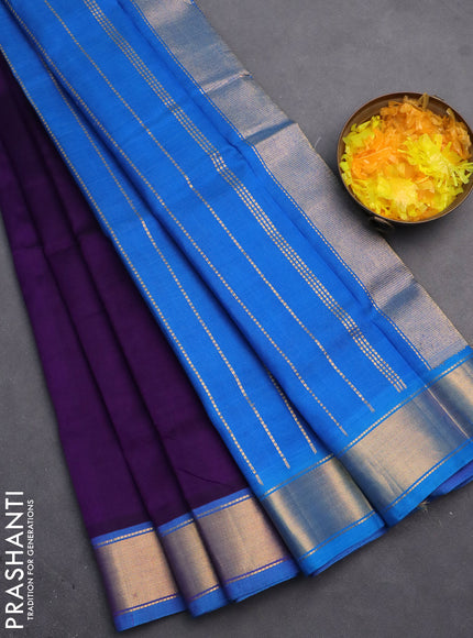 Silk cotton saree violet and cs blue with plain body and zari woven border