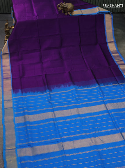 Silk cotton saree violet and cs blue with plain body and zari woven border
