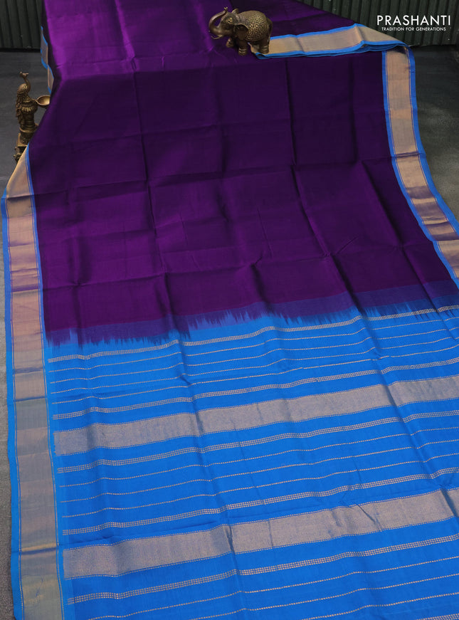 Silk cotton saree violet and cs blue with plain body and zari woven border