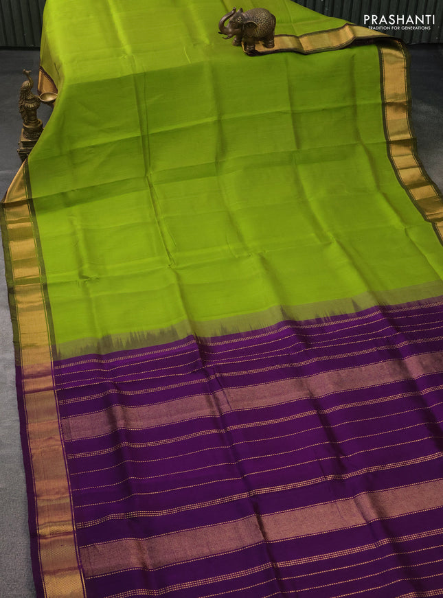Silk cotton saree lime green and purple with plain body and zari woven border