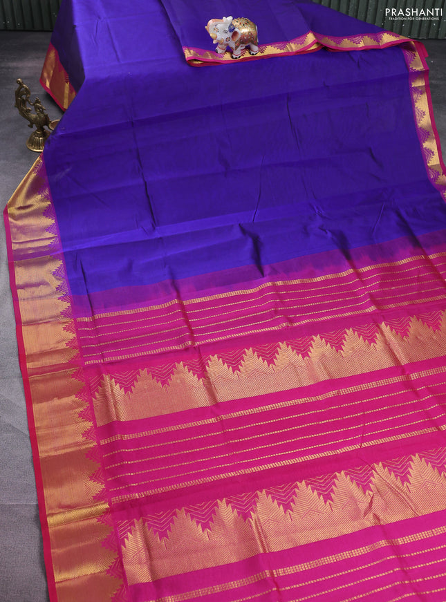 Silk cotton saree blue and dark pink with plain body and zari woven border