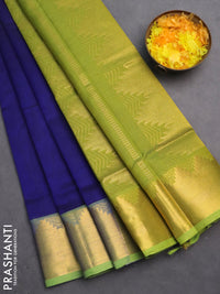 Silk cotton saree blue and light green with plain body and zari woven border
