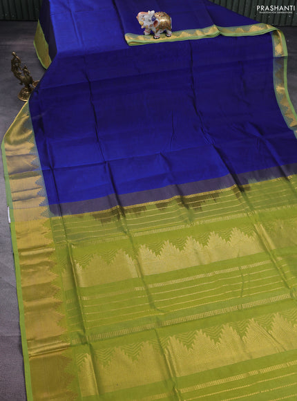 Silk cotton saree blue and light green with plain body and zari woven border