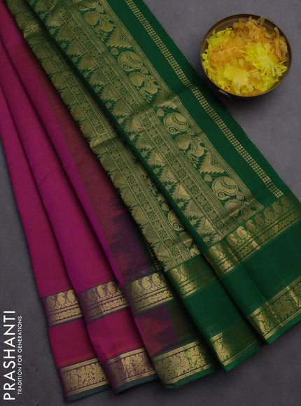 Silk cotton saree dual shade of pink and green with plain body and rettapet zari woven border