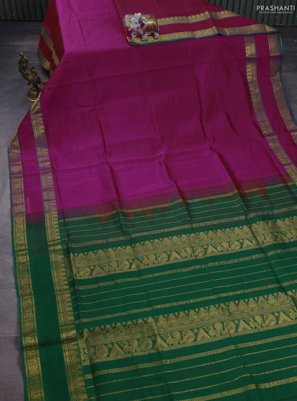 Silk cotton saree dual shade of pink and green with plain body and rettapet zari woven border