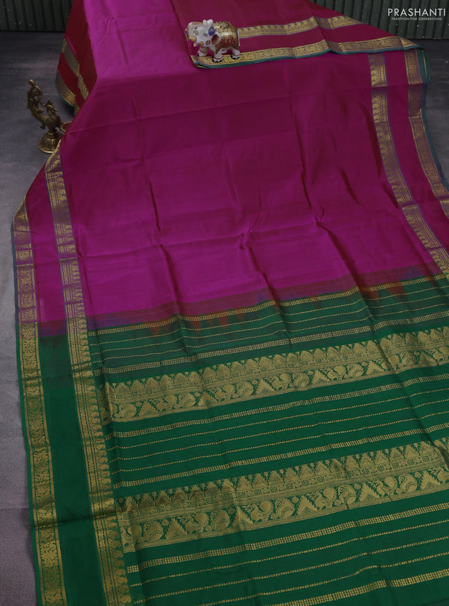 Silk cotton saree dual shade of pink and green with plain body and rettapet zari woven border