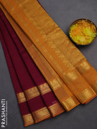 Silk cotton saree dark magenta pink and mustard yellow with plain body and rettapet zari woven border
