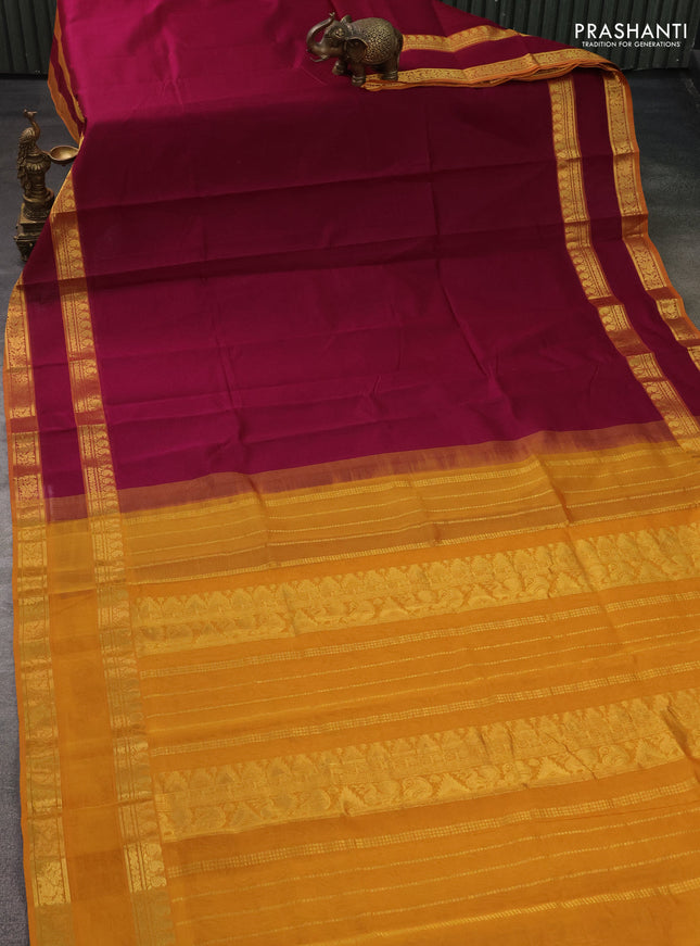 Silk cotton saree dark magenta pink and mustard yellow with plain body and rettapet zari woven border