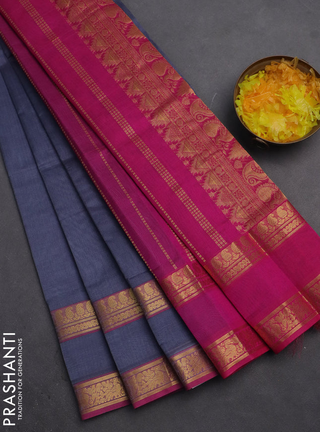 Silk cotton saree grey and pink with plain body and rettapet zari woven border