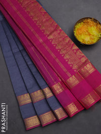 Silk cotton saree grey and pink with plain body and rettapet zari woven border