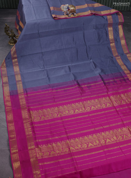 Silk cotton saree grey and pink with plain body and rettapet zari woven border