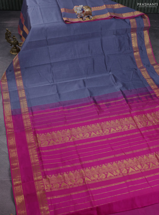 Silk cotton saree grey and pink with plain body and rettapet zari woven border